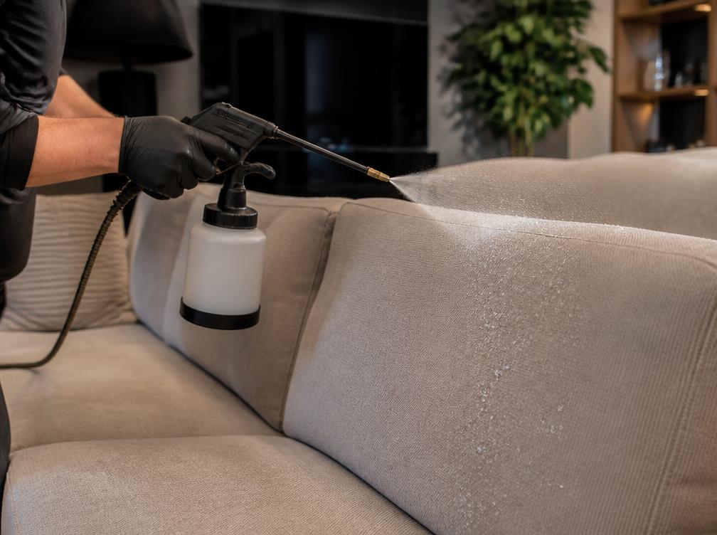 Aplicação de impermeabilizante em sofá com pulverizador profissional