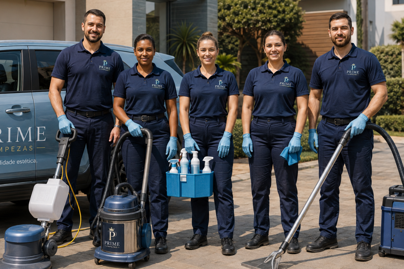 Equipe profissional de limpeza uniformizada